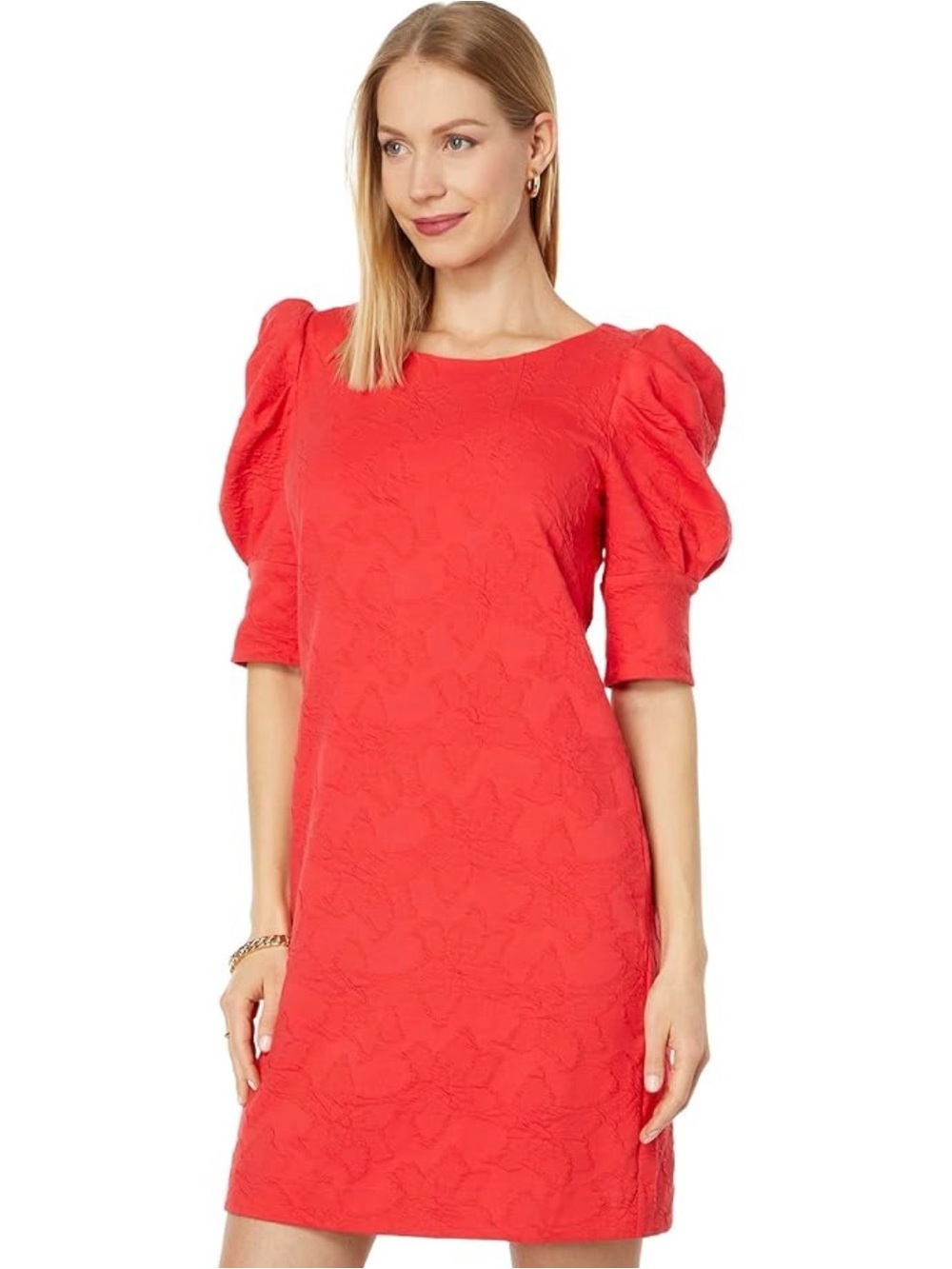 NWT Lilly Pulitzer Coral Puff-Sleeve Shift Dress Ruby Red Knowles Small Textured